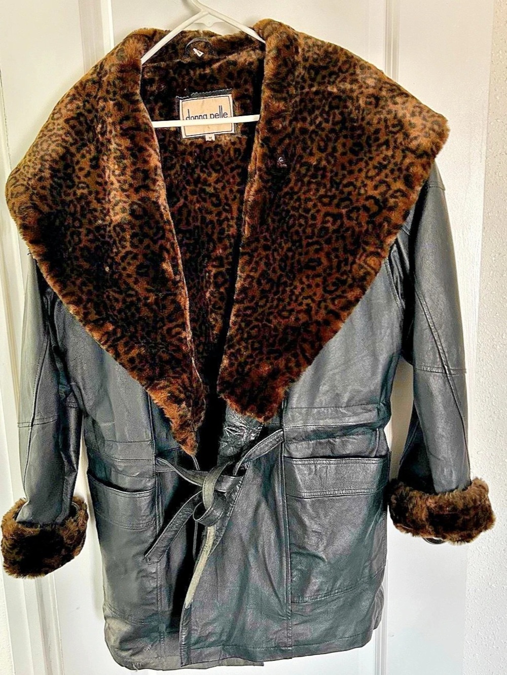 donna pelle Faux Fur Collar Leather Jacket in Black & Brown Size Medium